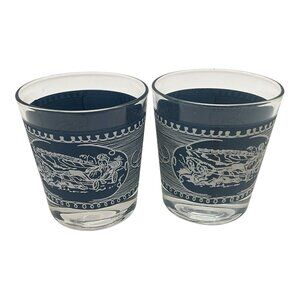 Royal China Currier & Ives Blue and White Old Fashion Glasses w/Horse Carriage